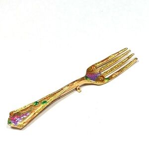 Fork Brooch Art Painted Gold Tone Large Unique Vintage Artisan